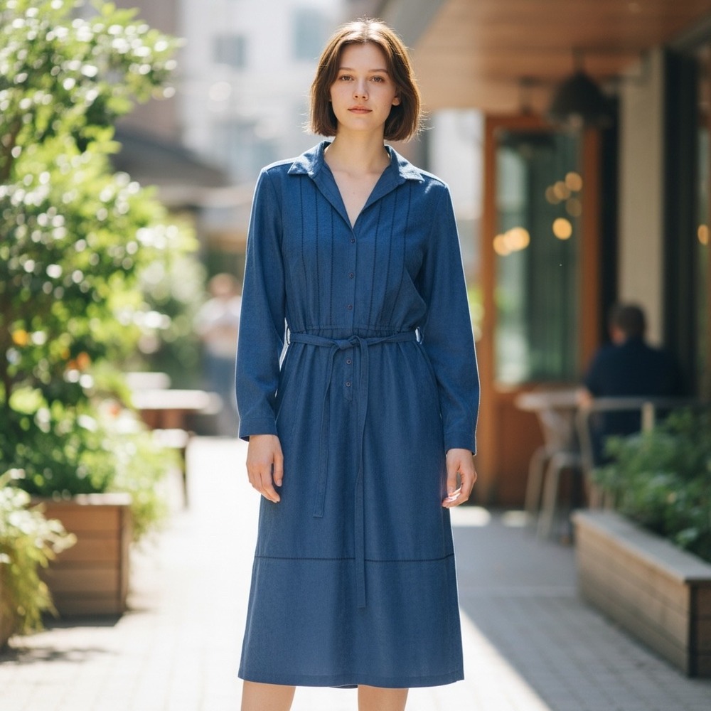 SANS AGE Blue Suede Shirt Dress Belted Midi Long Sleeve Size 16‎ Vintage